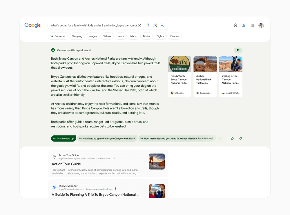 Das Bild zeigt einen ersten Screenshot der Suchergebnisseite (SERP) mit Unterstützung generativer KI.