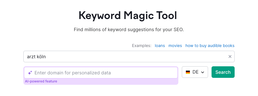 Das Bild zeigt die Suchleiste des Keyword Magic Tools.