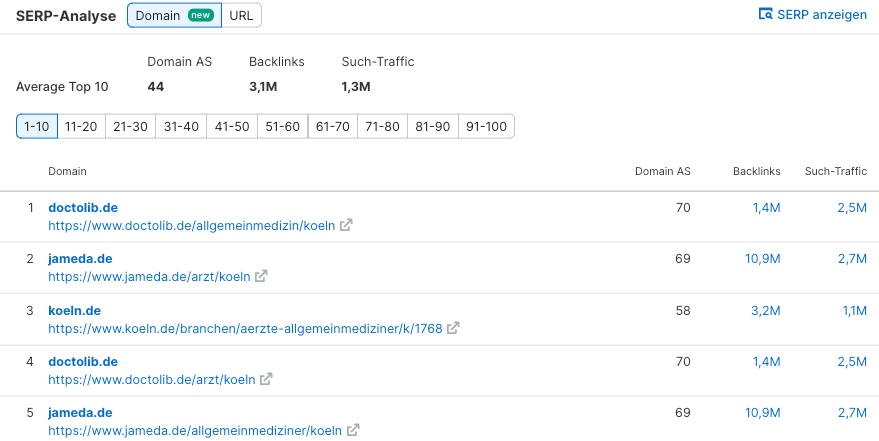 Das Bild zeigt Ergebnisse einer SERP Analyse.