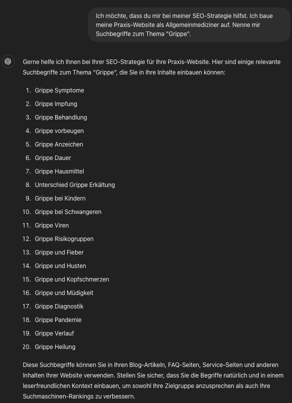 Das Bild zeigt ein Chat von ChatGPT über SEO-Strategien.