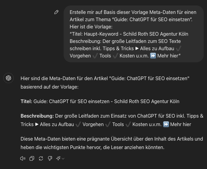 Das Bild zeigt ein Chat von ChatGPT über Meta-Daten.