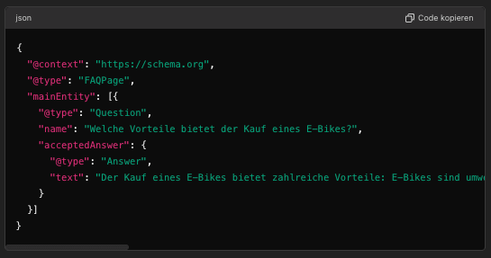 Das Bild zeigt ein von ChatGPT eerstelltes JSON-LD Schema.org-Markup für eine FAQ-Frage und -Antwort zum Thema ‚E-Bike kaufen‘.