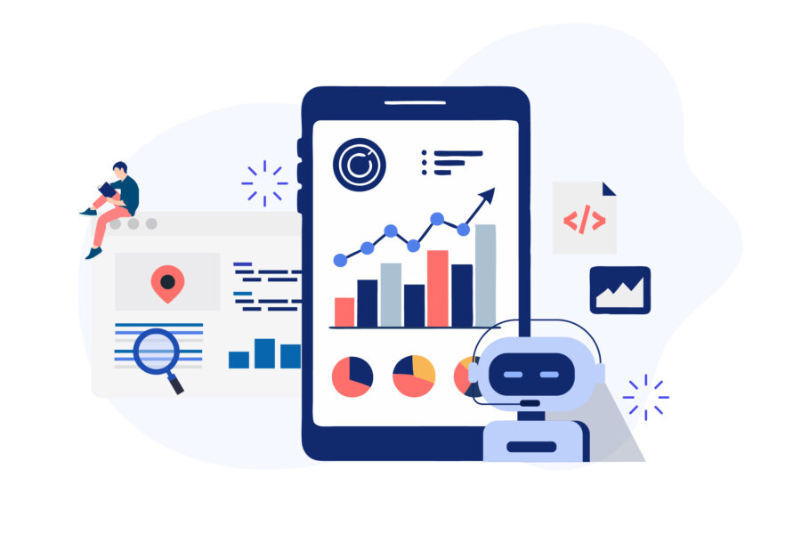 Smartphone zeigt Datenanalysen mit Diagrammen, KI-Elementen wie Roboter, Code, Lupe, Karte und Laptop-Nutzer.