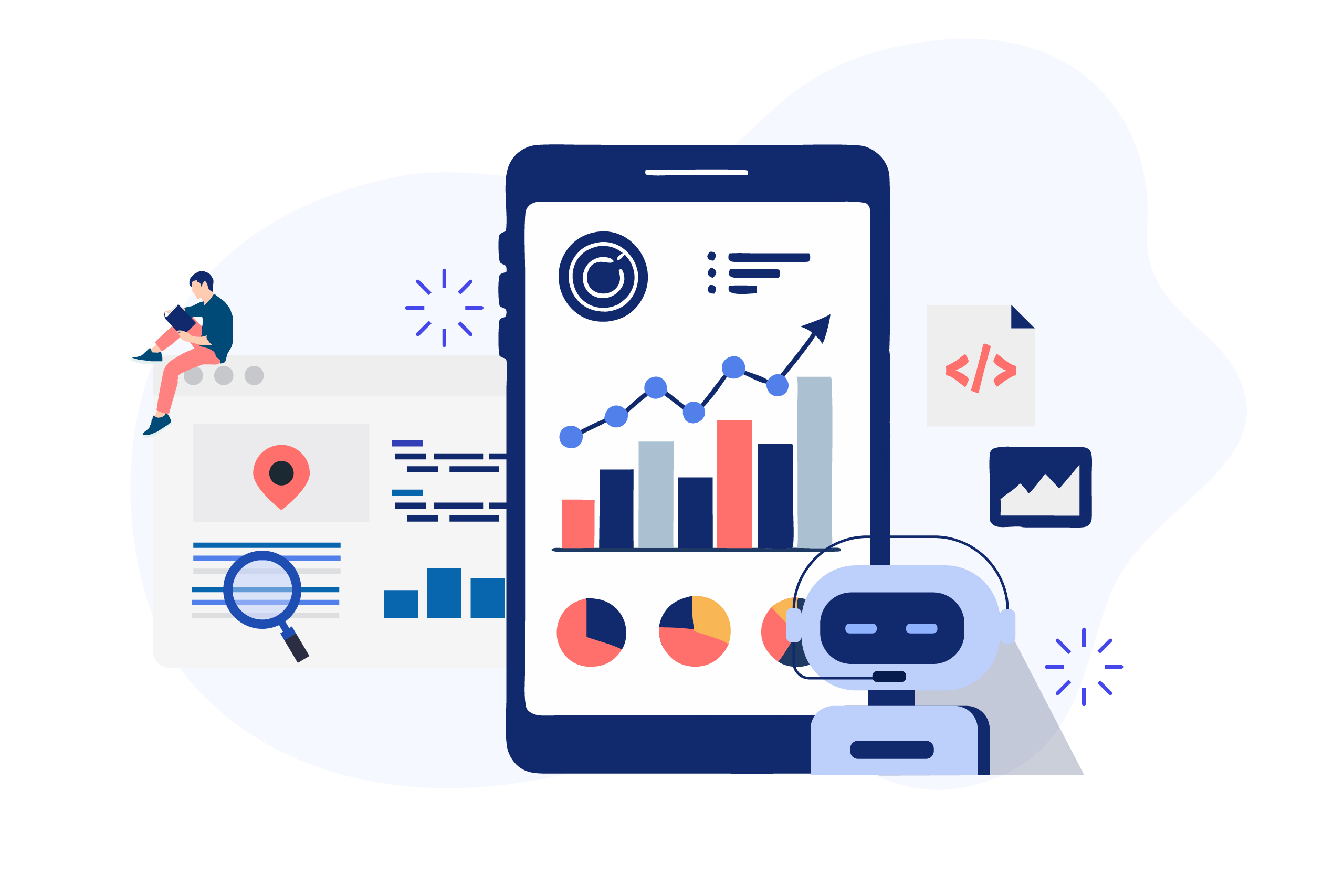 Smartphone zeigt Datenanalysen mit Diagrammen, KI-Elementen wie Roboter, Code, Lupe, Karte und Laptop-Nutzer.