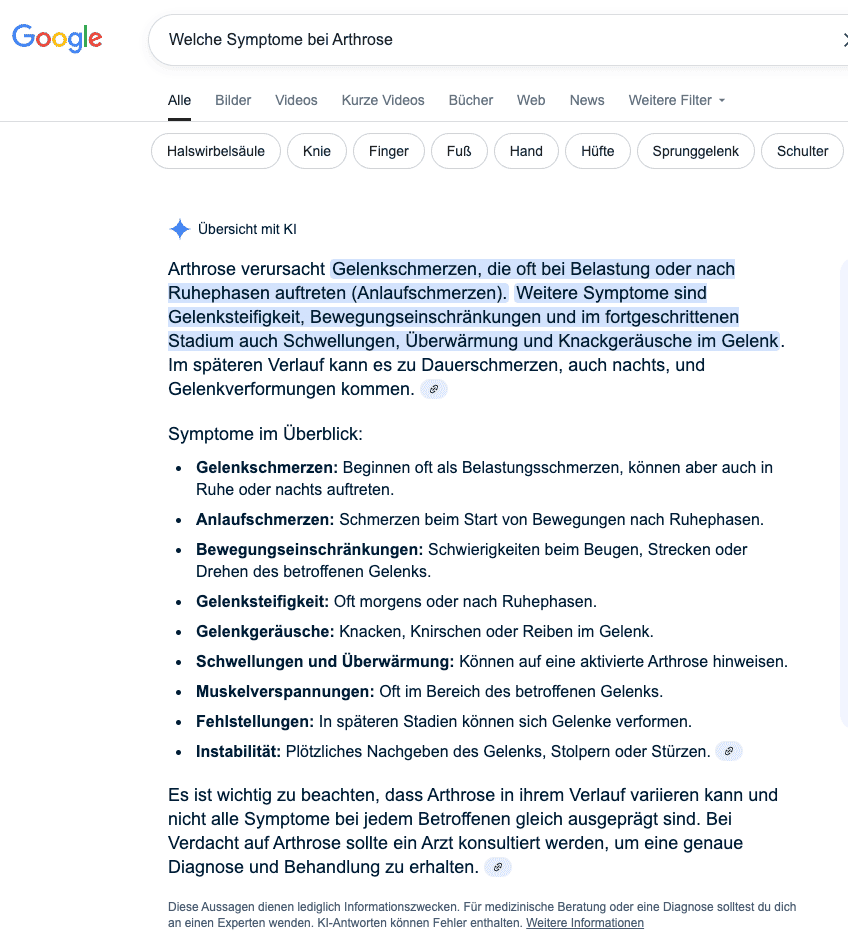 Google-Suchergebnis zu Arthrose-Symptomen: Schmerzen, Steifheit, Schwellung, Überwärmung und Knackgeräusche werden hervorgehoben.