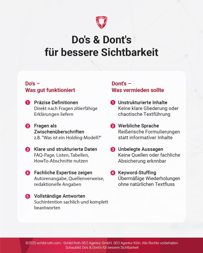 Infografik: SEO-Texte schreiben - Do's (klare Struktur, Expertenwissen) und Don'ts (unstrukturierter Inhalt, Keyword Stuffing).