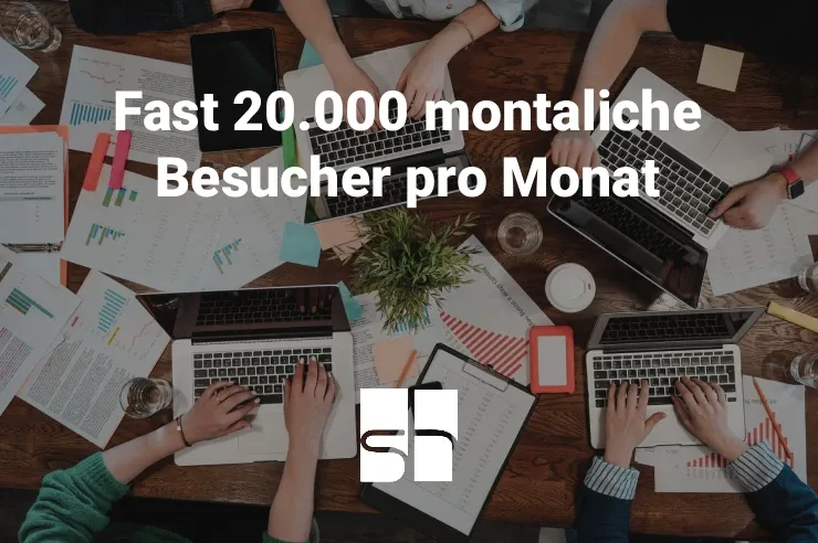 Vier Personen benutzen Laptops an einem Tisch mit Diagrammen. Überlagerter deutscher Text über 20.000 monatliche Besucher. Weißes Logo darunter.