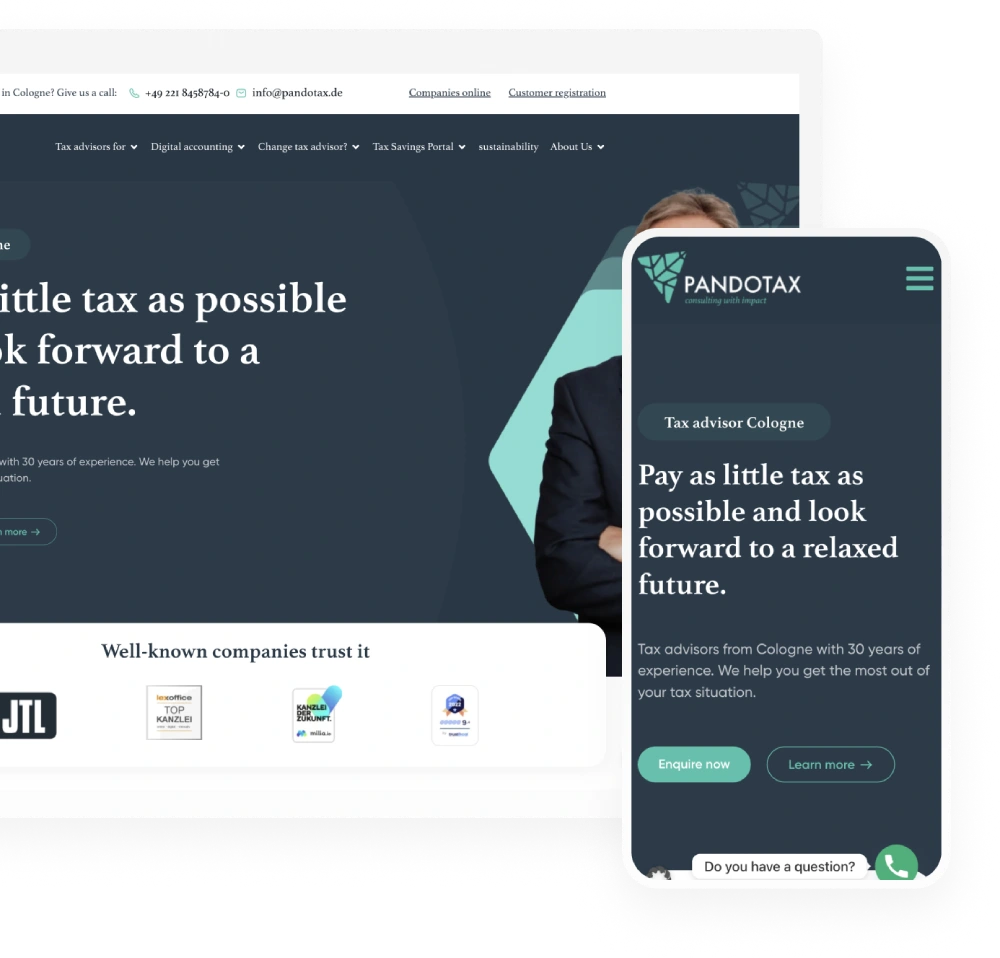 Website und Telefon mit Pandotax-Homepage mit Tagline und einer geeigneten Person, geeignet für eine SEO-Fallstudie.