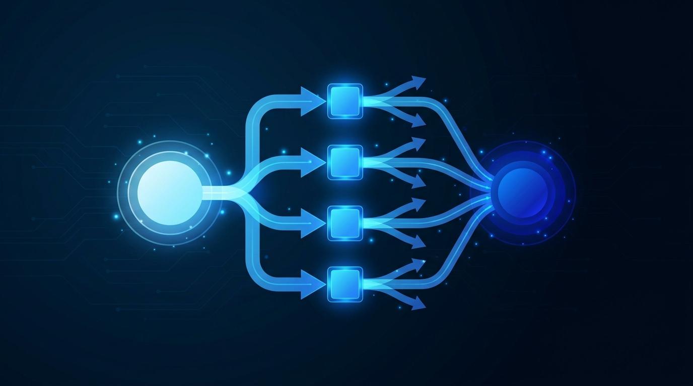 Wie die KI-Suche funktioniert: Query-Fanout-Prozess als abstraktes Netzwerkdiagramm