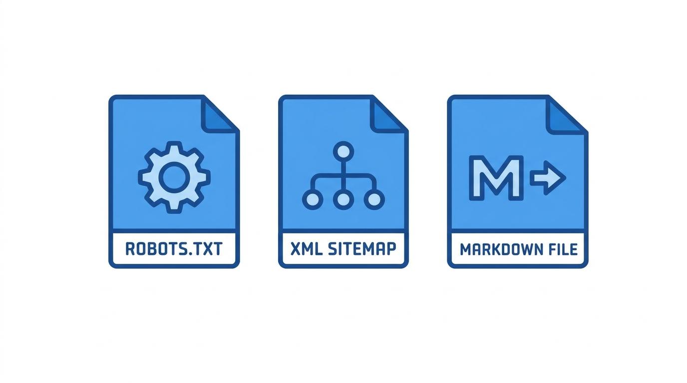 Was ist llms.txt: drei Steuerdateien robots.txt, Sitemap und llms.txt nebeneinander