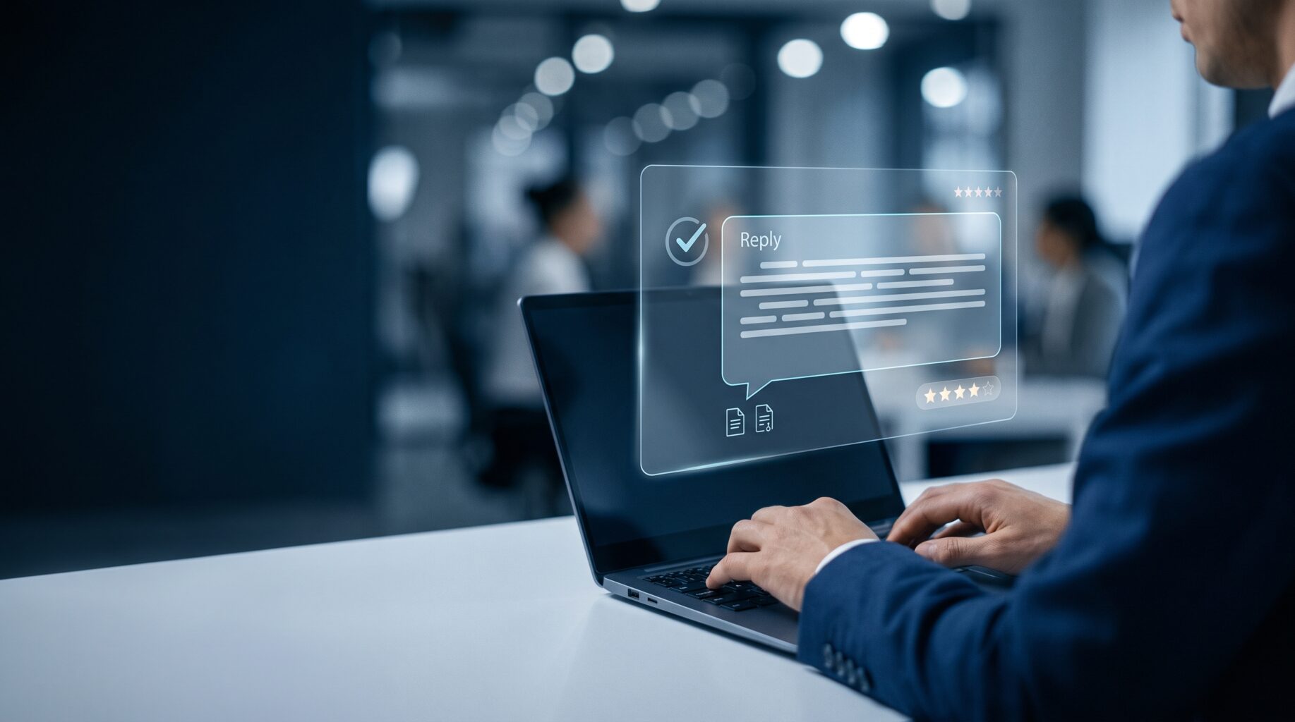 GEO Agentur: KI-Chat-Interface über einem Laptop im Agentur-Büro