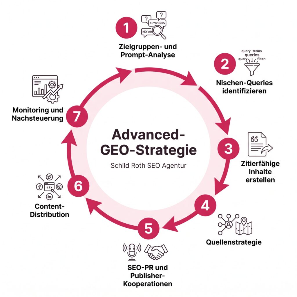 Kreisdiagramm: Advanced-GEO-Strategie der Schild Roth SEO Agentur in sieben Schritten