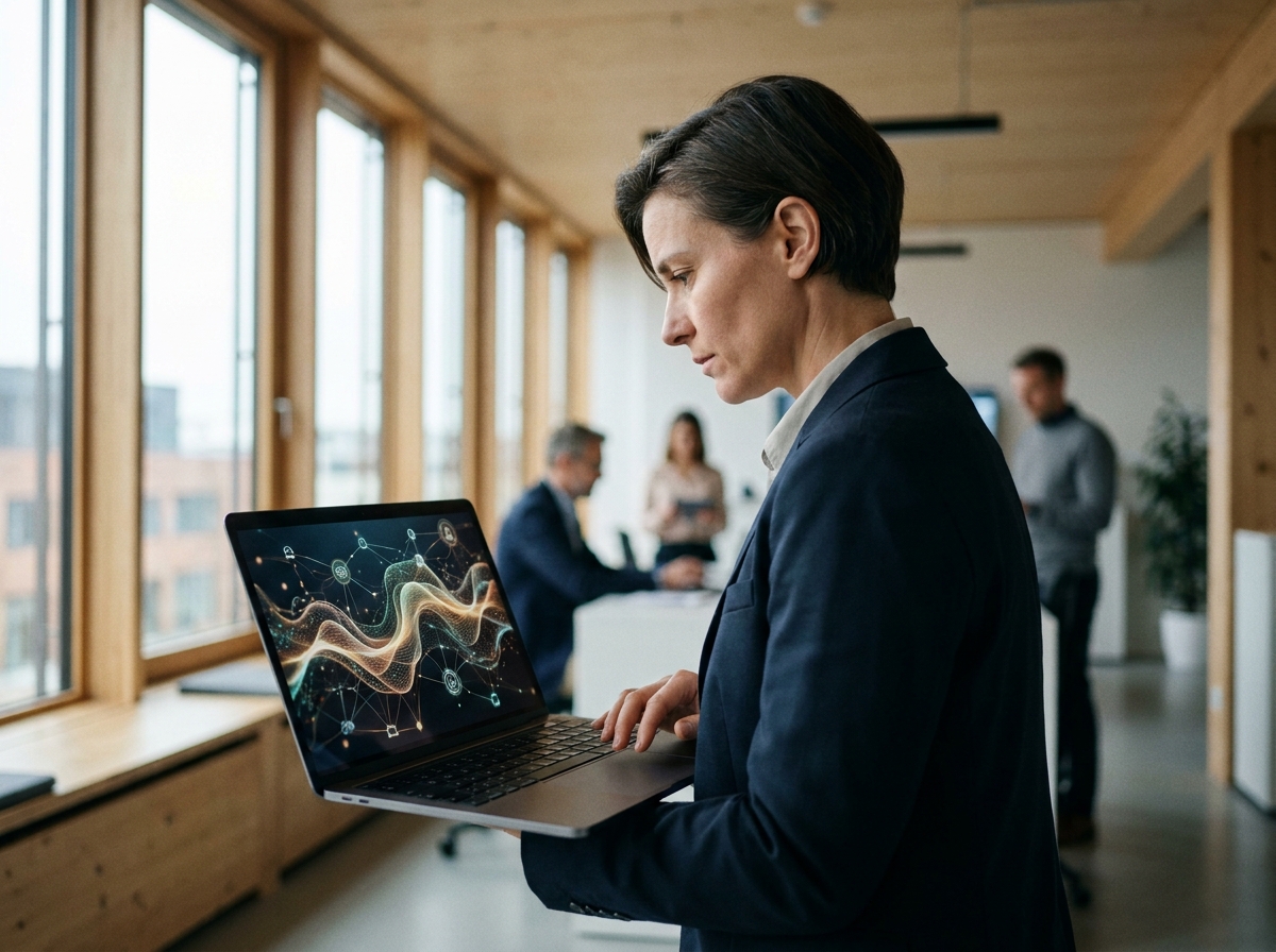 Person am Laptop nutzt einen KI-Assistenten für eine Informationssuche