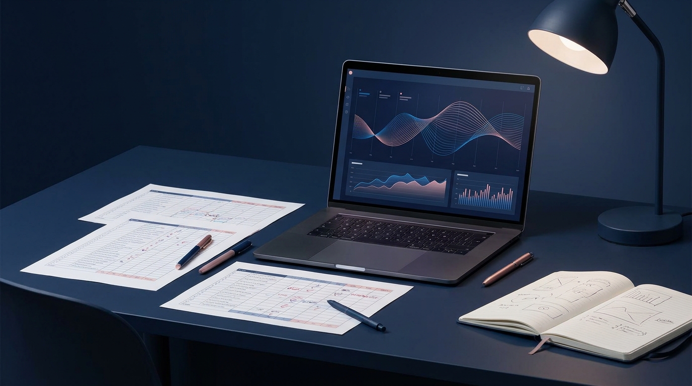 Redaktionsschreibtisch mit Datenblättern und Diagrammen zu KI-Statistiken 2026