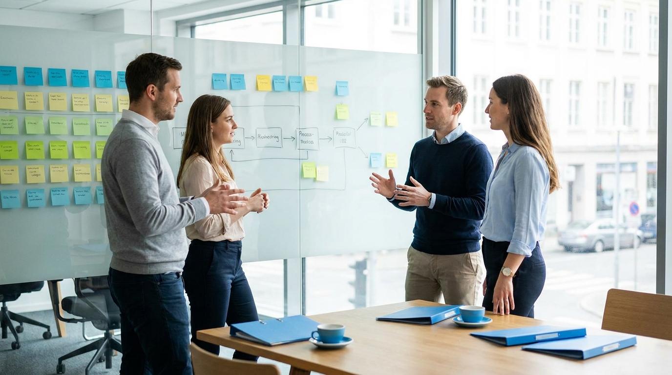 GEO-Optimierung Schritt für Schritt: Strategie-Meeting am Whiteboard im Büro