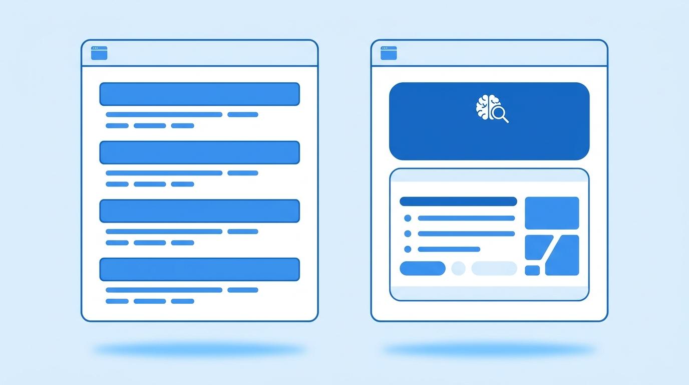 Unterschied GEO und SEO: zwei gegenübergestellte Suchinterfaces auf Bildschirmen