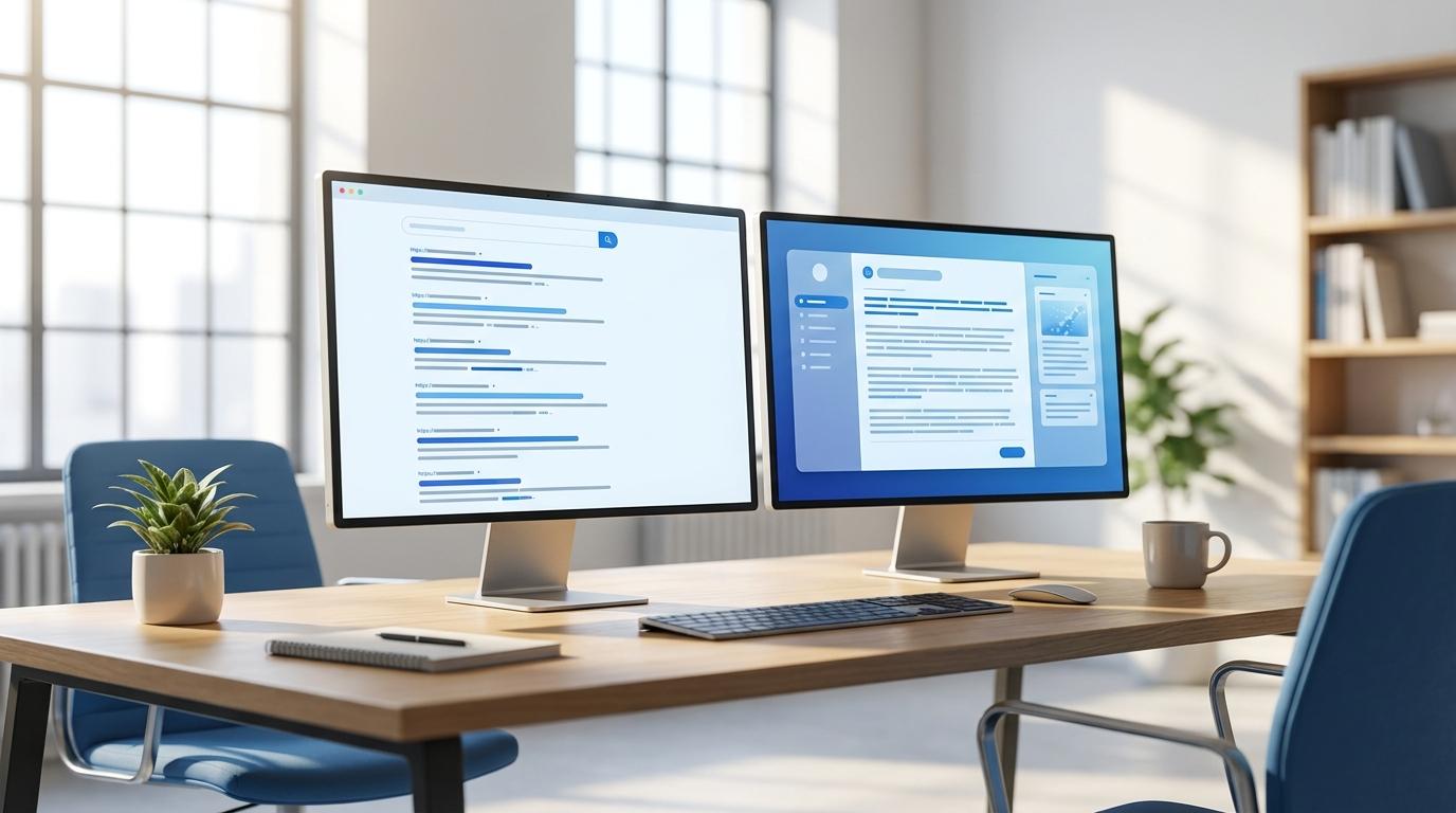 GEO vs. SEO: zwei Suchansätze im Vergleich auf Bildschirmen im Büro