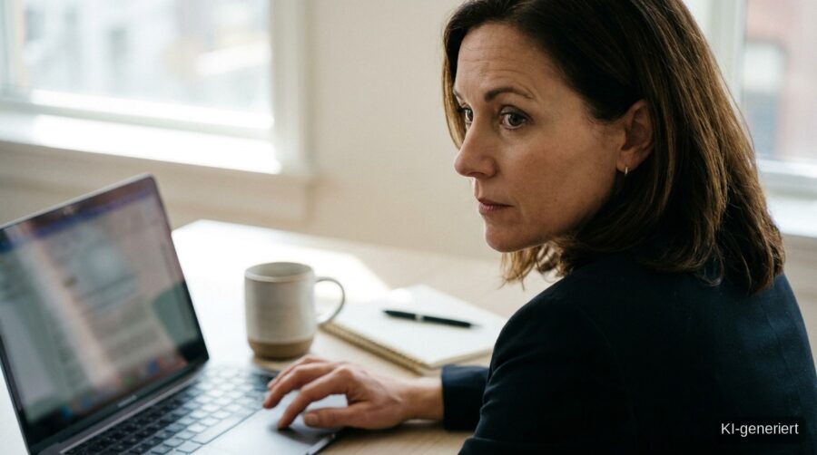 Frau arbeitet an einem Laptop am Schreibtisch in einem hellen Büro.