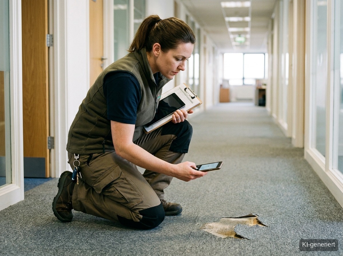 Eine Frau hält ein Smartphone über einen beschädigten Teppichboden im Büroflur.