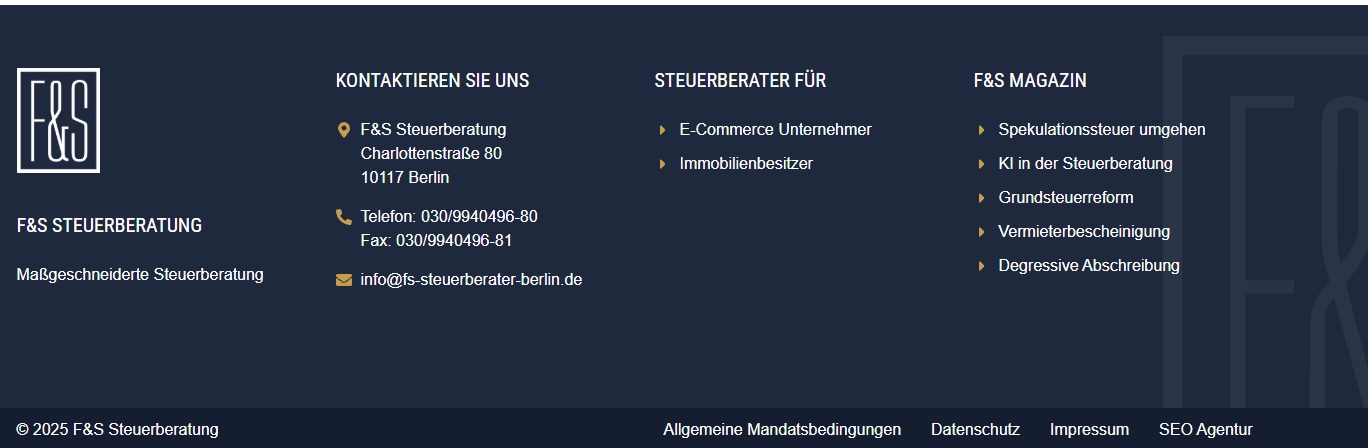 Footer der F&S Steuerberatung mit Adresse, Telefon, Fax und E-Mail unter Kontaktieren Sie uns