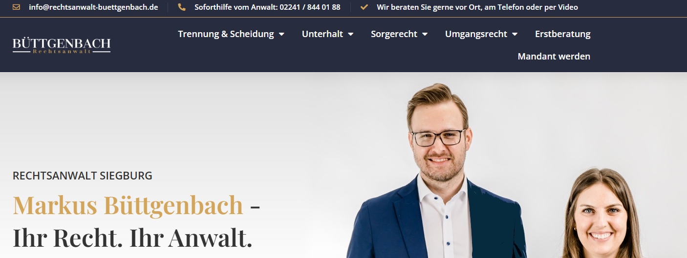 Header der Kanzlei Büttgenbach mit dem Hinweis Soforthilfe vom Anwalt vor der Telefonnummer