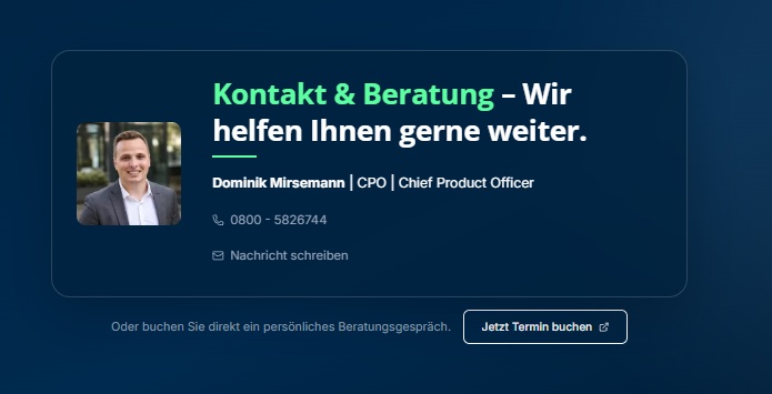 Kontaktbox von starbuero.de mit Foto, Name, Funktion und Telefonnummer des Ansprechpartners