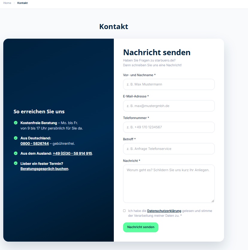 Kontaktseite von starbuero.de mit Beratungszeiten, kostenloser Nummer und Nummer für Anrufe aus dem Ausland