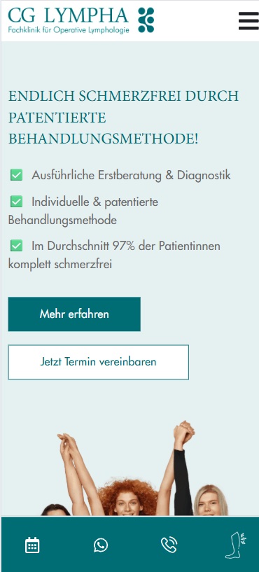 Mobile Ansicht von CG Lympha mit fester Leiste für Termin, WhatsApp und Anruf am unteren Bildschirmrand